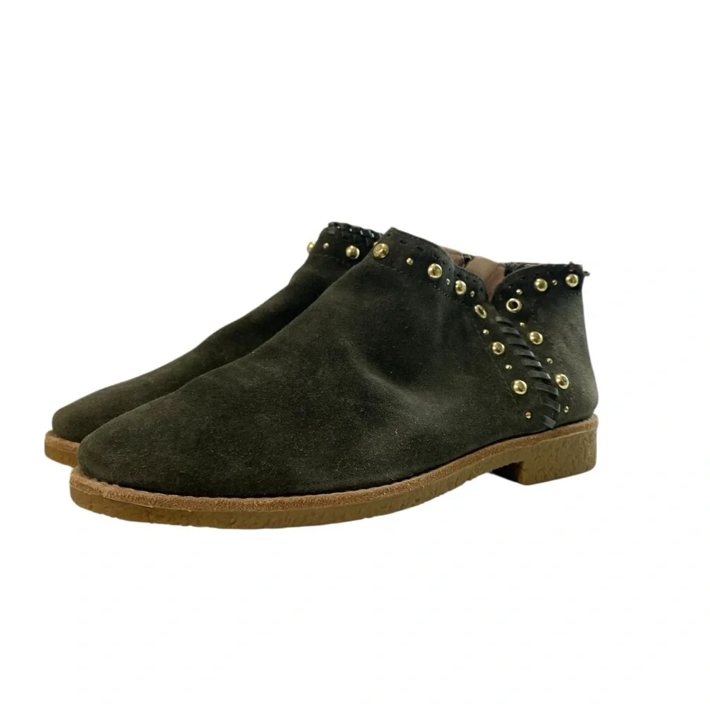 Kate Spade Festival Suede Leather Green Moss Ankle Booties‎ 8 Zip Studded Fringe